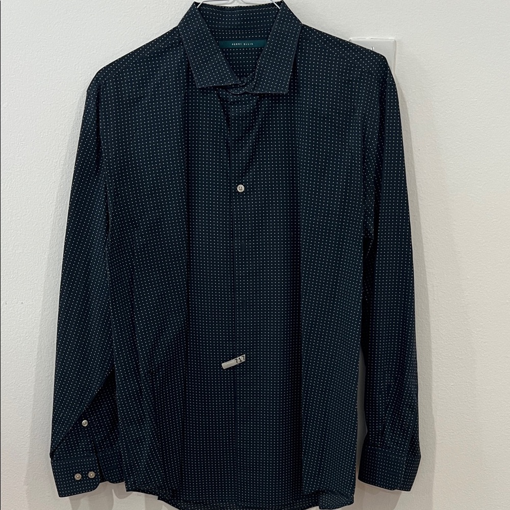 Perry Ellis Navy Button-Up Shirt with White Micro Dots